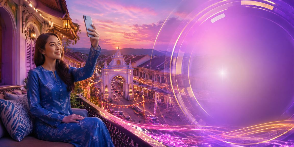 Pemain Malaysia berbaju kurung mengakses jackpot slot sf90 melalui telefon pintar